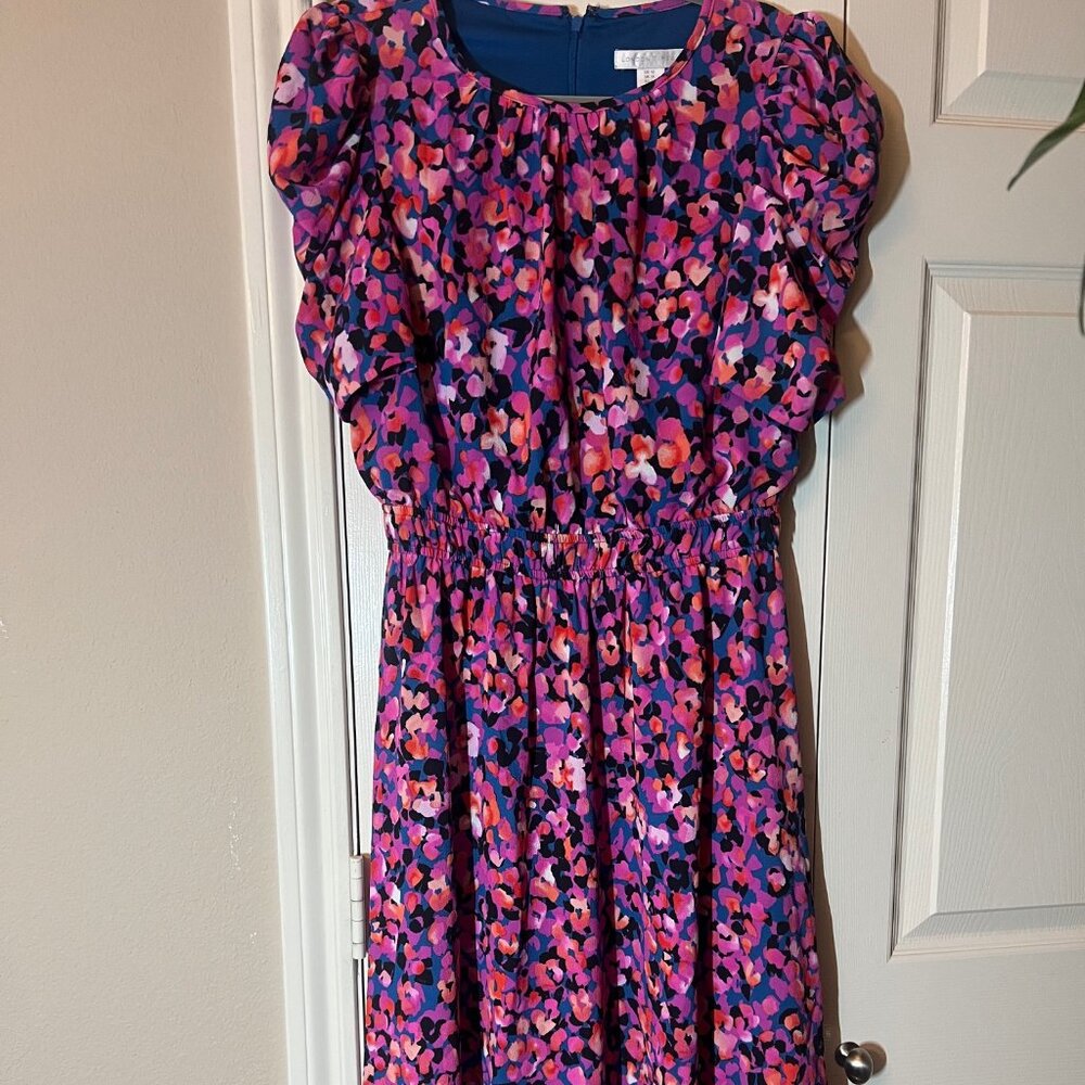 NEW Women's London Times Pink Purple Floral Midi Dress Puff Sleeves - US 10